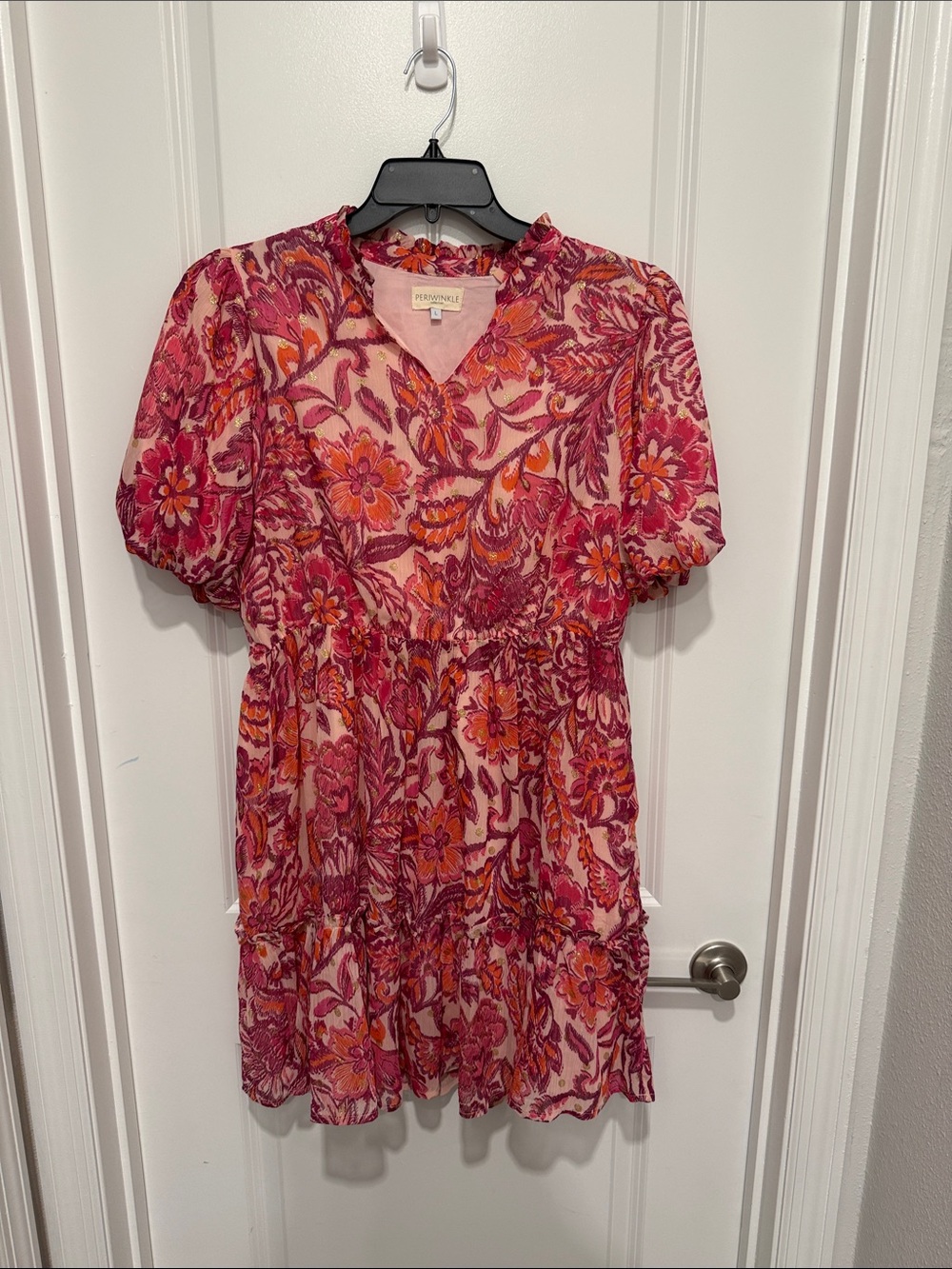 Pink Floral Puff-Sleeve Tiered dress